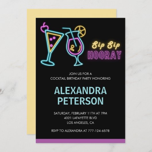 ブラックネオングローカクテル91歳招待状 招待状 (正面/裏面)
