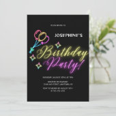 ブラックネオングローカラフルバルーン誕生日 招待状 (スタンド正面)