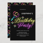 ブラックネオングローカラフルバルーン誕生日 招待状 (正面/裏面)