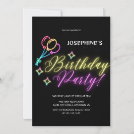ブラックネオングローカラフルバルーン誕生日 招待状