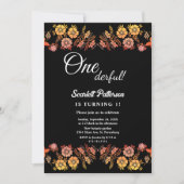 ブラックネオンバラロマンチックフローラ1st誕生日 招待状 (正面)