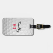 ブラックネーム赤い番号を持つゴルフボールディンプル ラゲッジタグ (正面横)