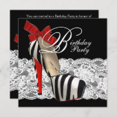 ブラックハイヒールシューズレッドゼブラ誕生日パーティー 招待状 (正面/裏面)
