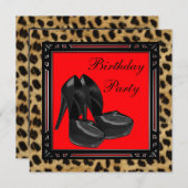 ブラックハイヒールシューズレッドヒョウ誕生日パーティー 招待状 (正面/裏面)
