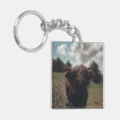 ブラックハイランドスコットランド牛の放牧ヴィンテージレトロ キーホルダー (正面左)