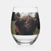 ブラックハイランドスコットランド牛の放牧ヴィンテージレトロ ステムなしワイングラス (正面)