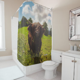 ブラックハイランド牛の放牧グリーンフィールドサンライト シャワーカーテン