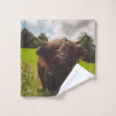 ブラックハイランド牛の放牧グリーンフィールドサンライト バスタオルセット (ウォッシュタオル)