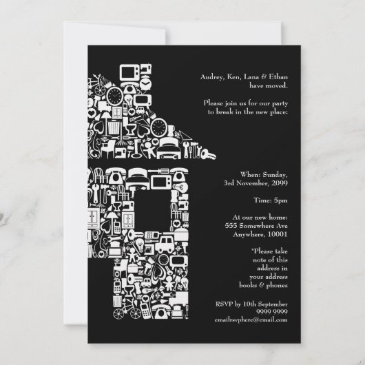 ブラックハウスホーム引っ越し祝いパーティーパーティの招待状 招待状 (裏面)
