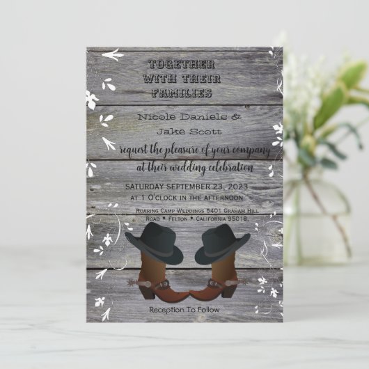 ブラックハットとカウボーイブーツのカントリウェディング 招待状 (スタンド正面)