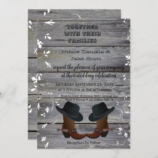 ブラックハットとカウボーイブーツのカントリウェディング 招待状 (正面/裏面)