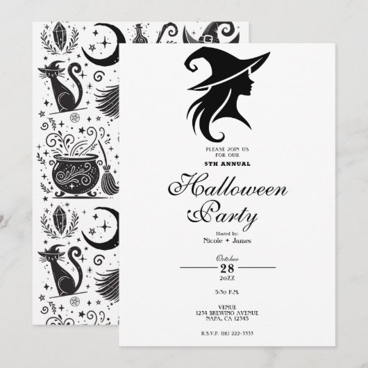 ブラックハットの魔女 ウィッカン 魔法使い ハロウィンパーティー 招待状 (正面/裏面)