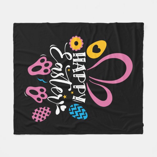 ブラックハッピーイースターキュートバニーイースターエッグ狩り フリースブランケット (正面(横))