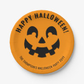 ブラックハッピーハローウィンカボチャ顔シェイプオンオレンジ ペーパープレート (正面)