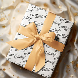 ブラックハッピーホリデーズワードアートパターンオンホワイト ラッピングペーパー