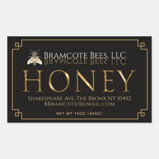 ブラックハニーラベル金属金ゴールドヴィンテージビー 長方形シール (正面)
