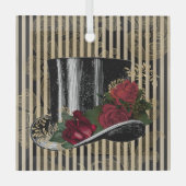 ブラックハビクトリアンットオンブラック金ゴールドダマスクストライプ ガラスオーナメント (正面)