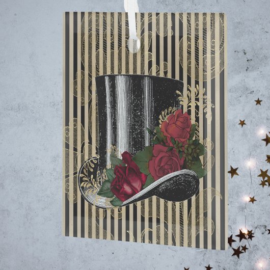 ブラックハビクトリアンットオンブラック金ゴールドダマスクストライプ ガラスオーナメント