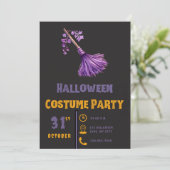 ブラックハロウィンの可愛い紫の魔女の箒 招待状 (スタンド正面)