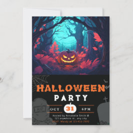 ブラックハロウィンの怖い森とジャック・オ・ランタン 招待状
