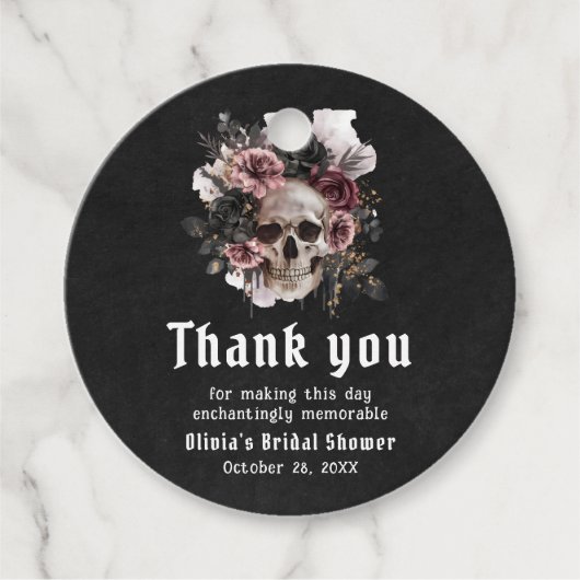 ブラックハロウィンフラワースカルゴシックウェディングシャワー フェイバータグ (正面)
