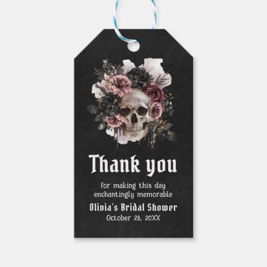 ブラックハロウィンフラワースカル ゴシック ブライダルシャワー ギフトタグ (正面)