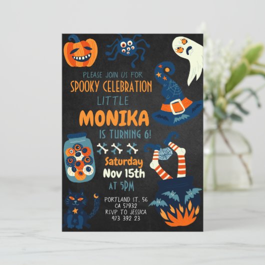 ブラックハロウィーンウィッチコールドロン誕生日 招待状 (スタンド正面)