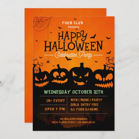 ブラックハロウィーンカボチャのクモとこうもり招待状 招待状 (正面/裏面)