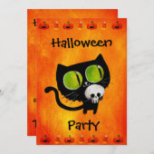 ブラックハロウィーンキャットウィズスカルパーティの招待状 招待状 (正面/裏面)