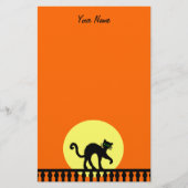 ブラックハロウィーンキャットオンフェンスイエロームーンオレンジ 便箋 (正面)