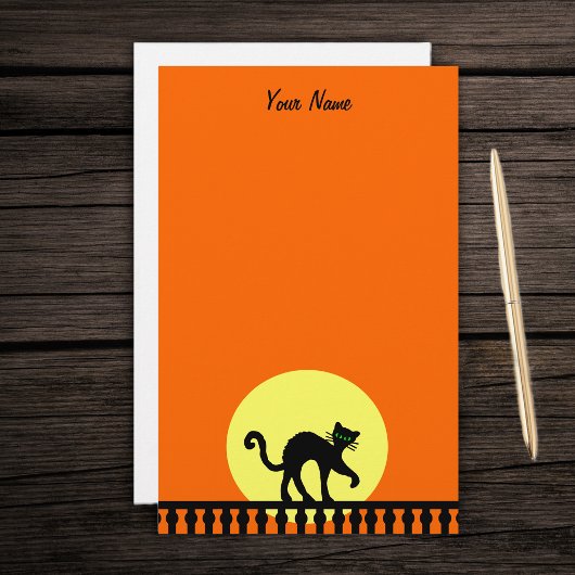 ブラックハロウィーンキャットオンフェンスイエロームーンオレンジ 便箋