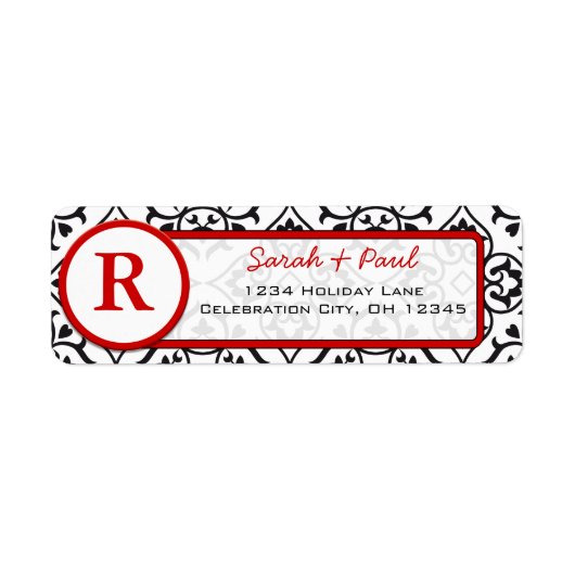 ブラックハートダマスクレッドフォント差出人住所ラベル ラベル (正面)