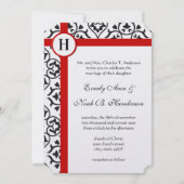 ブラックハートダマスク縁どサイドレッドト結婚リム 招待状 (正面)