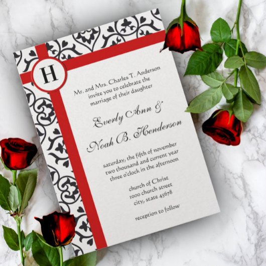 ブラックハートダマスク縁どサイドレッドト結婚リム 招待状