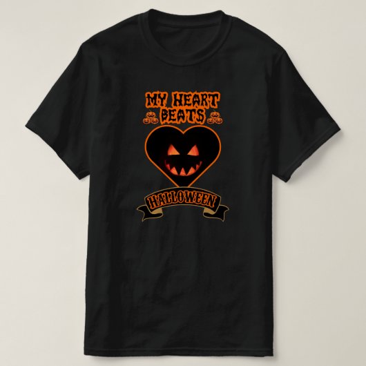 ブラックハートハロウィーンエビルパンプキン顔不気味ビブ Tシャツ (デザイン正面)