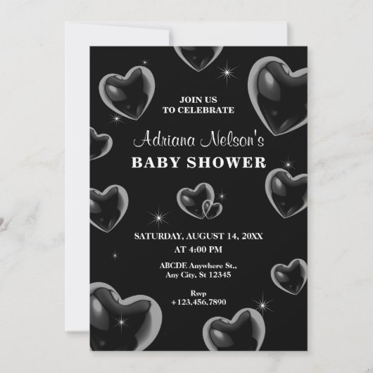 ブラックハートバブル赤ちゃんシャワー招待状 招待状 (正面)