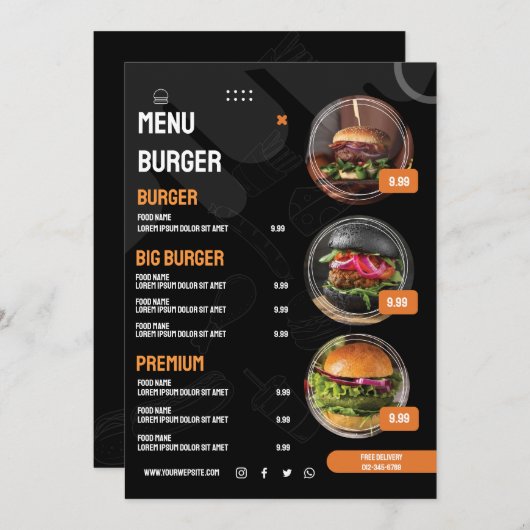 ブラックバエレガントーガーレストランメニュー招待状 メニュー (正面/裏面)