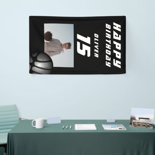 ブラックバスケットボールボーイフォトハッピーバースデー 横断幕 (トレードショー)
