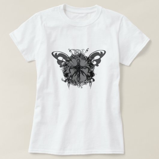 ブラックバタフライクロスダークフラワーフレームフローラ Tシャツ (デザイン正面)