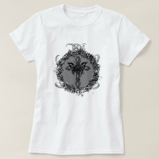 ブラックバタフライクロスダークフラワーフレームフローラ Tシャツ (デザイン正面)