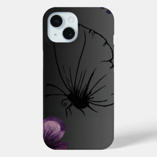 ブラックバタフライパープルフローラ花 iPhone 15ケース