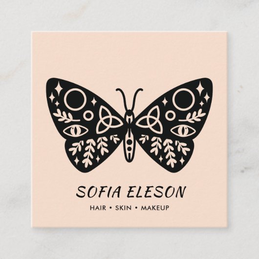 ブラックバタフライフェミニン赤面ピンクタイポグラフィ スクエア名刺 (正面)
