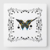 ブラックバタフライフローラアートお洒落、フラタリング スクエア壁時計 (正面)