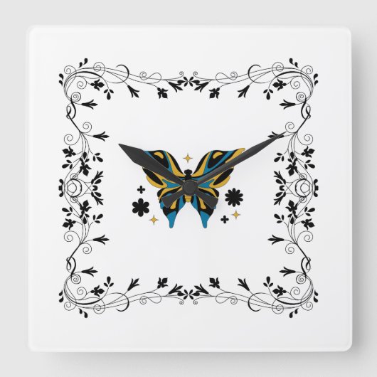 ブラックバタフライフローラアートお洒落、フラタリング スクエア壁時計 (正面)