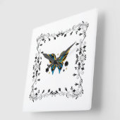 ブラックバタフライフローラアートお洒落、フラタリング スクエア壁時計 (傾斜)