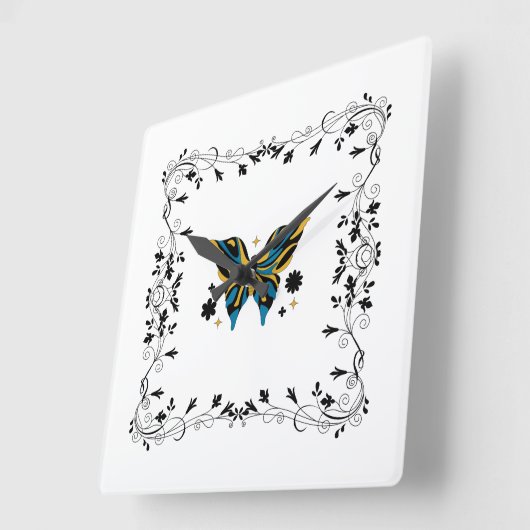 ブラックバタフライフローラアートお洒落、フラタリング スクエア壁時計 (傾斜)