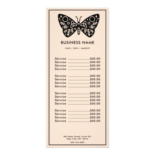 ブラックバタフライロゴ赤面ピンク美しいサロン価格 ラックカード (正面)