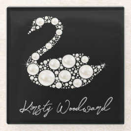 ブラックバックエレガントグラウンドにホワイトパールスワン ガラスコースター