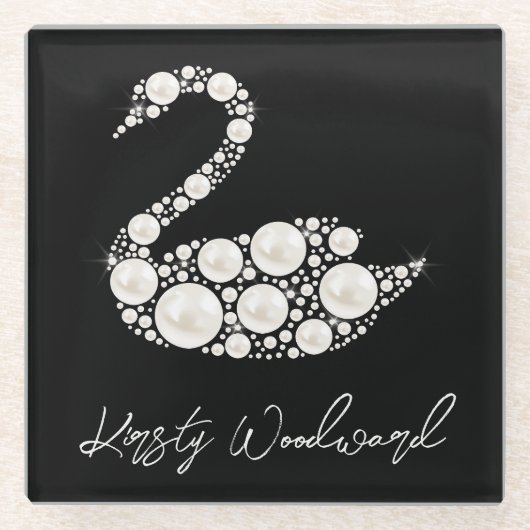 ブラックバックエレガントグラウンドにホワイトパールスワン ガラスコースター (正面)