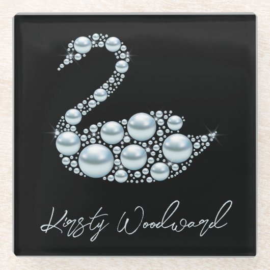 ブラックバックエレガントグラウンドのブルーパールスワン ガラスコースター (正面)